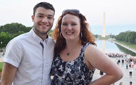 Kinder Scholars Samantha Franks and Matt McKeown visit at the Lincoln Memorial, across the National Mall from the Washington Monument, during the Kinder Scholars Program in Washington, D.C.