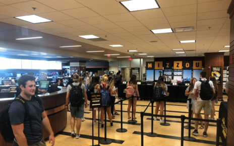 Students wait in line at The Mizzou Store to start the fall 2019 semester at the MU Student Center.