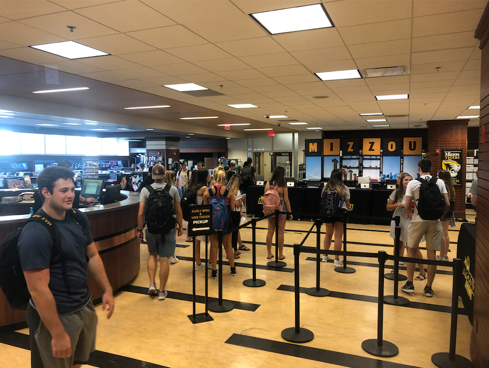 Students wait in line at The Mizzou Store to start the fall 2019 semester at the MU Student Center.