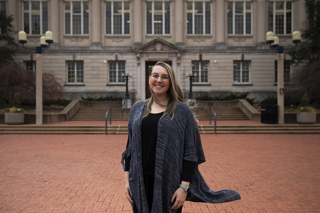 Keely Alexander Franco stands in front of MU's Ellis Library on Lowry Mall.