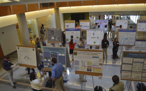 Students demonstrating their work at the Undergraduate Research Forum